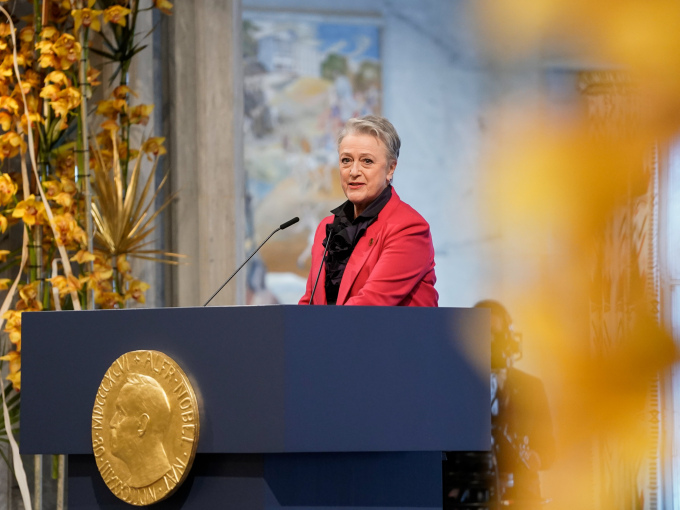 Chair of the Norwegian Nobel Committee Berit Reiss-Andersen spoke at the award ceremony. Photo: Stian Lysberg Solum / NTB.